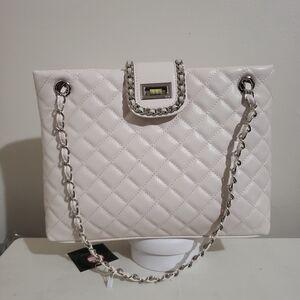 White Quilted Shoulder Bag with Silver Chain Strap